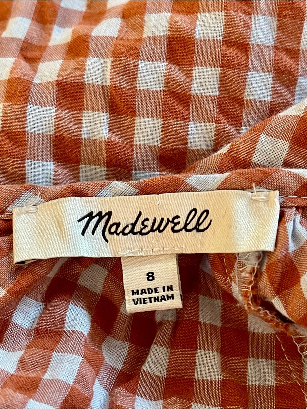 Madewell Rust Gingham Cotton Tiered Mini Dress Balloon Sleeve 8 - Picture 6 of 7